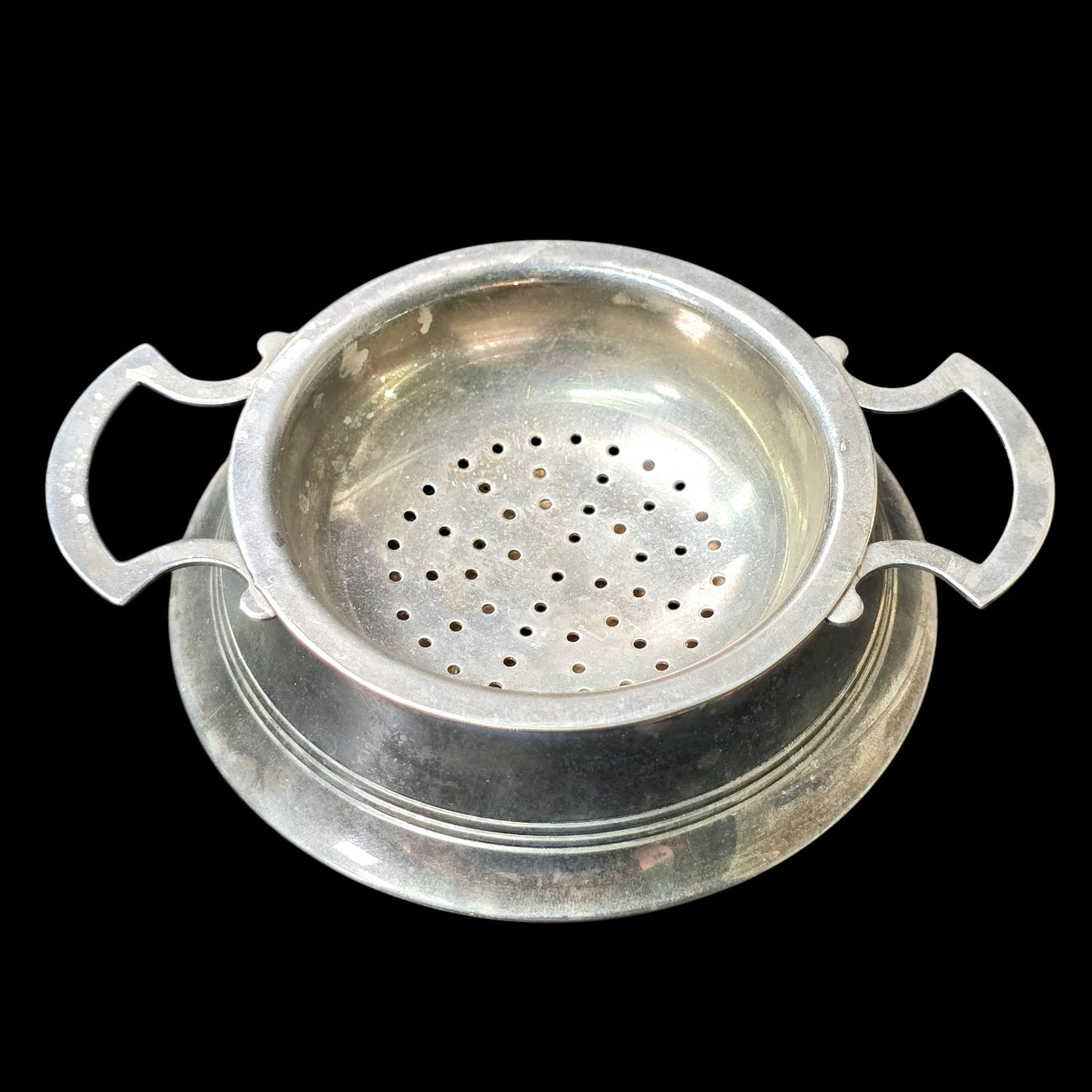 Double Handle Tea Strainer with Dish, Lemon Strainer, Vintage Barware