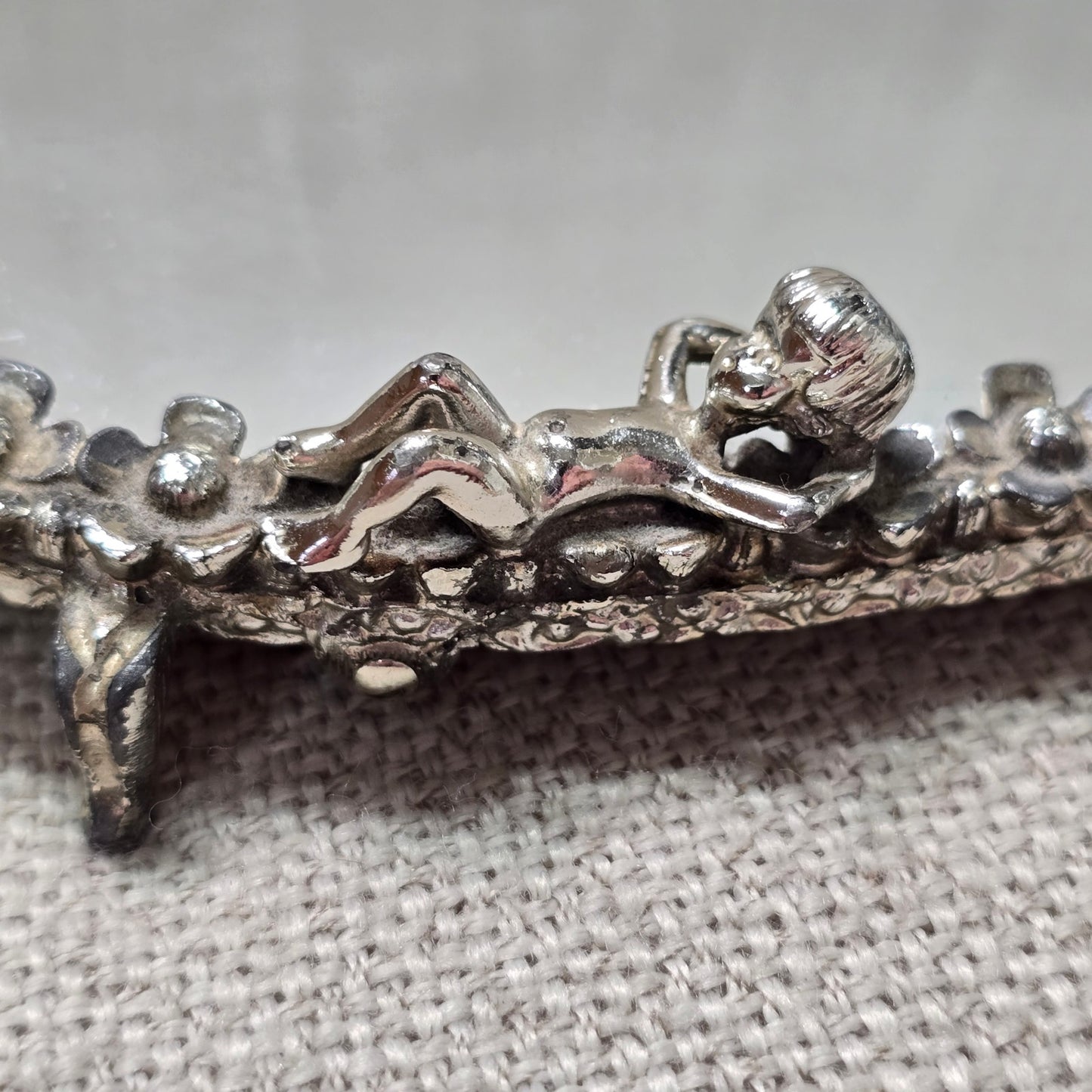 Sam Fink Vanity Set Mirror Tray Purse Mirror Cherub Flower Silver Tone Harp Feet