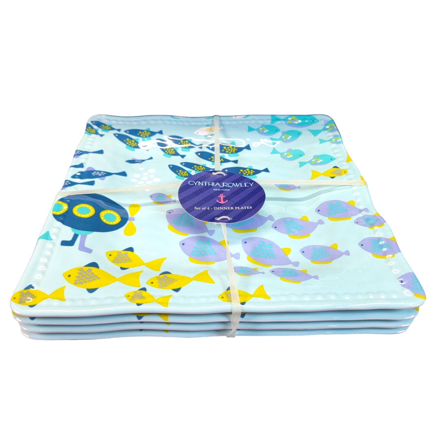 NEW Cynthia Rowley Large 11" Square Melamine Plates Set of 4, Blue Submarine School of Fish