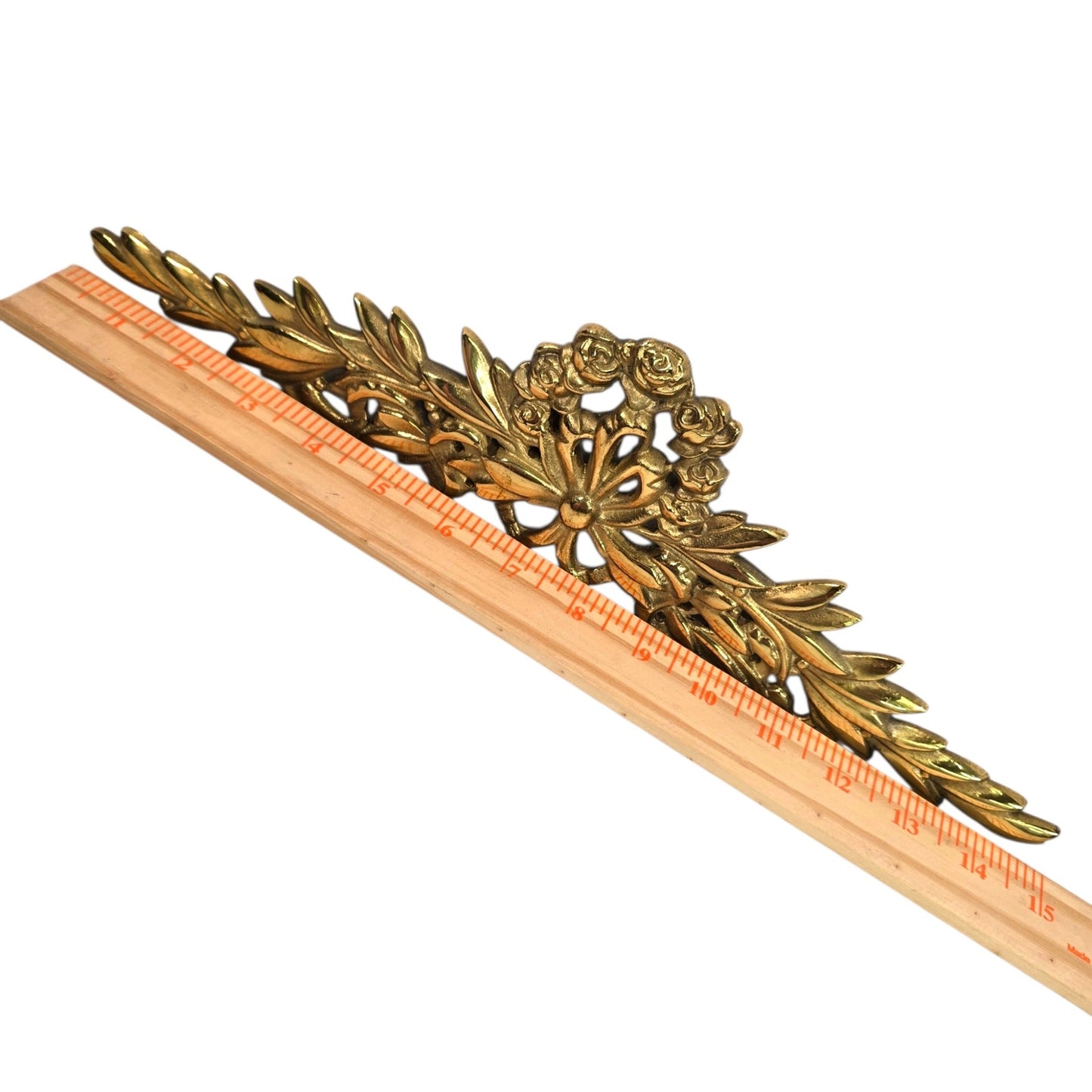 Vtg Brass Furniture Embellishment Applique Wall Plaque Floral Swag Pediment 15"