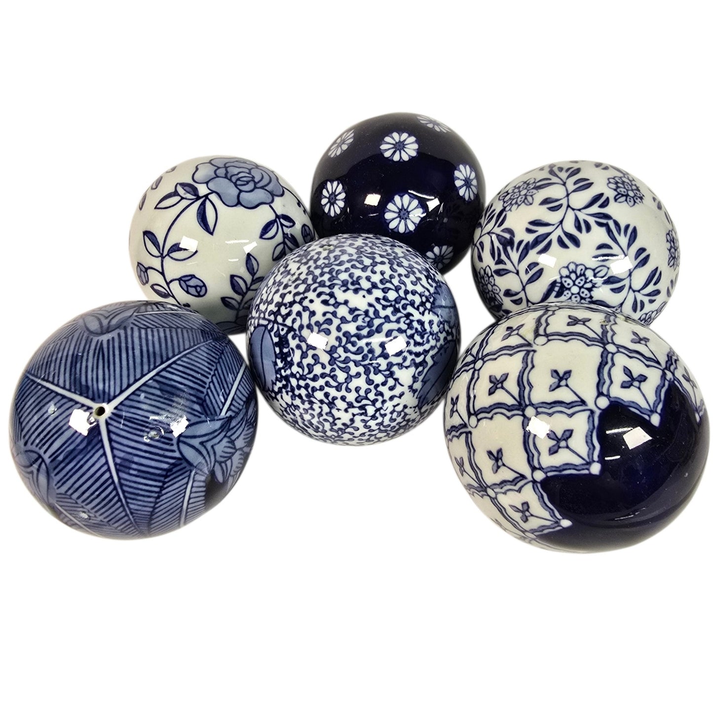 Blue and White Ceramic Decorative Orbs Set of 6 Chinoiserie Style Home Decor