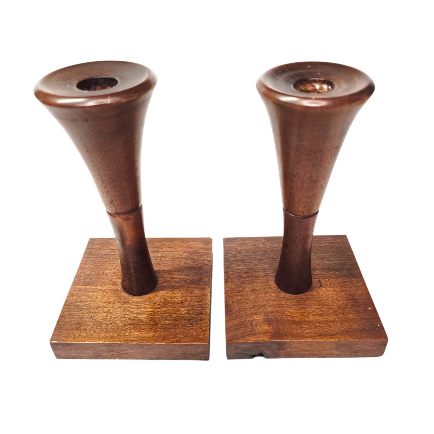 Danish Modern Style Walnut Wood Candlestick Holders - Hand Turned Pedestal Pair