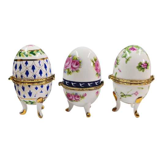 Set of 3 Vintage Porcelain Footed Egg Trinket Boxes Hinged Floral Tripod Base