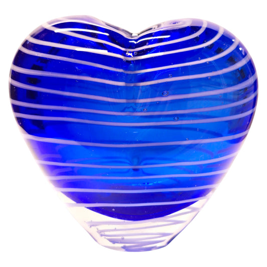 Hand Blown Art Glass Heart Shaped Vase with Blue White Stripes