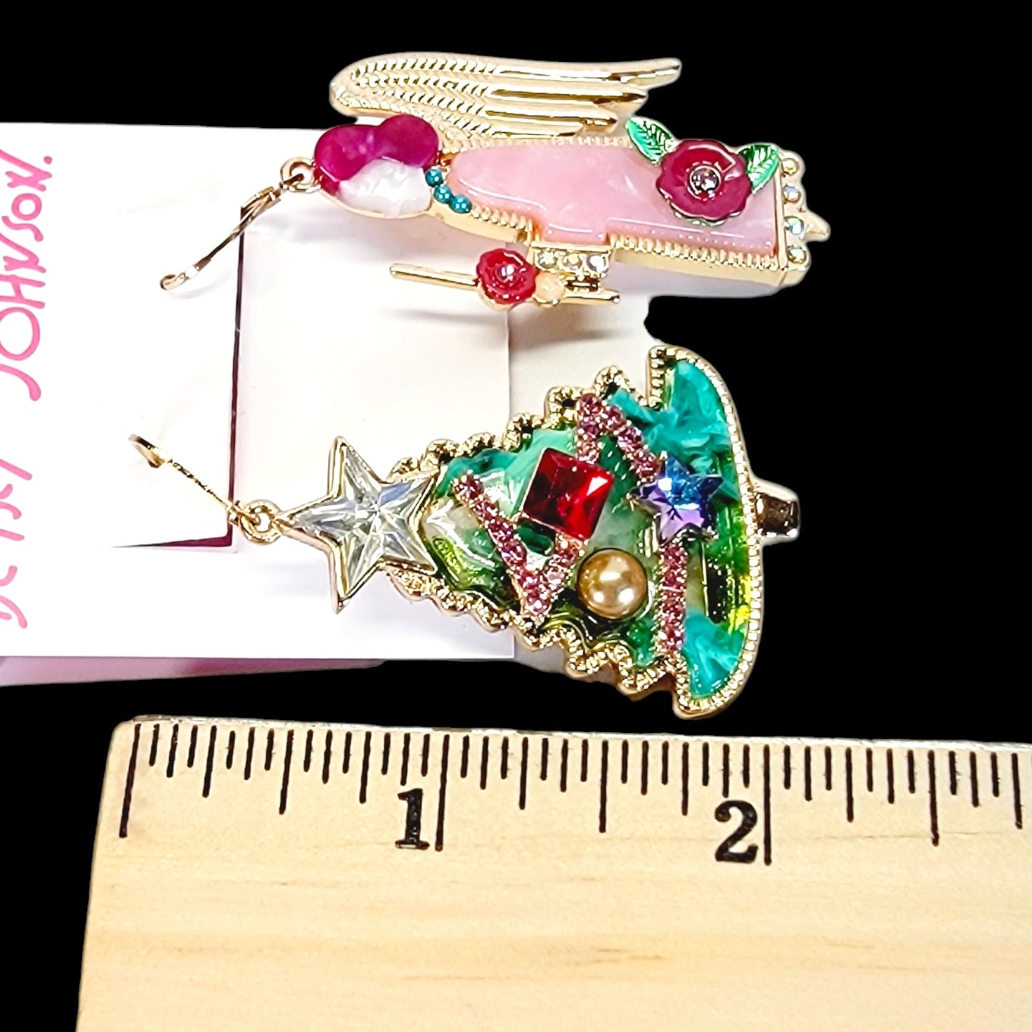 New Betsey Johnson Feliz Navidad Tree & Angel Mismatch Drop Earrings