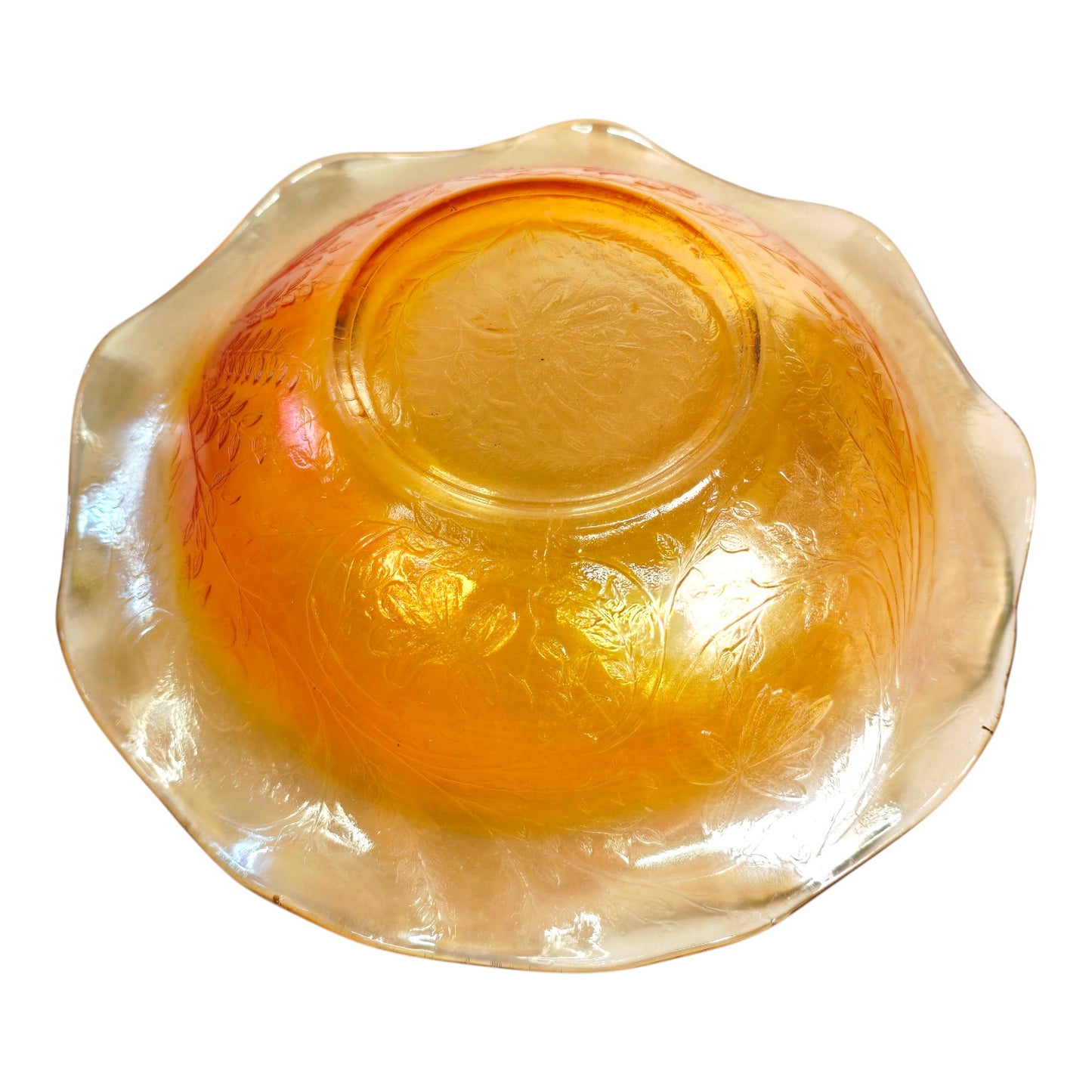 Mid Century Iris & Herringbone Jeannette Carnival Marigold Glass Bowl