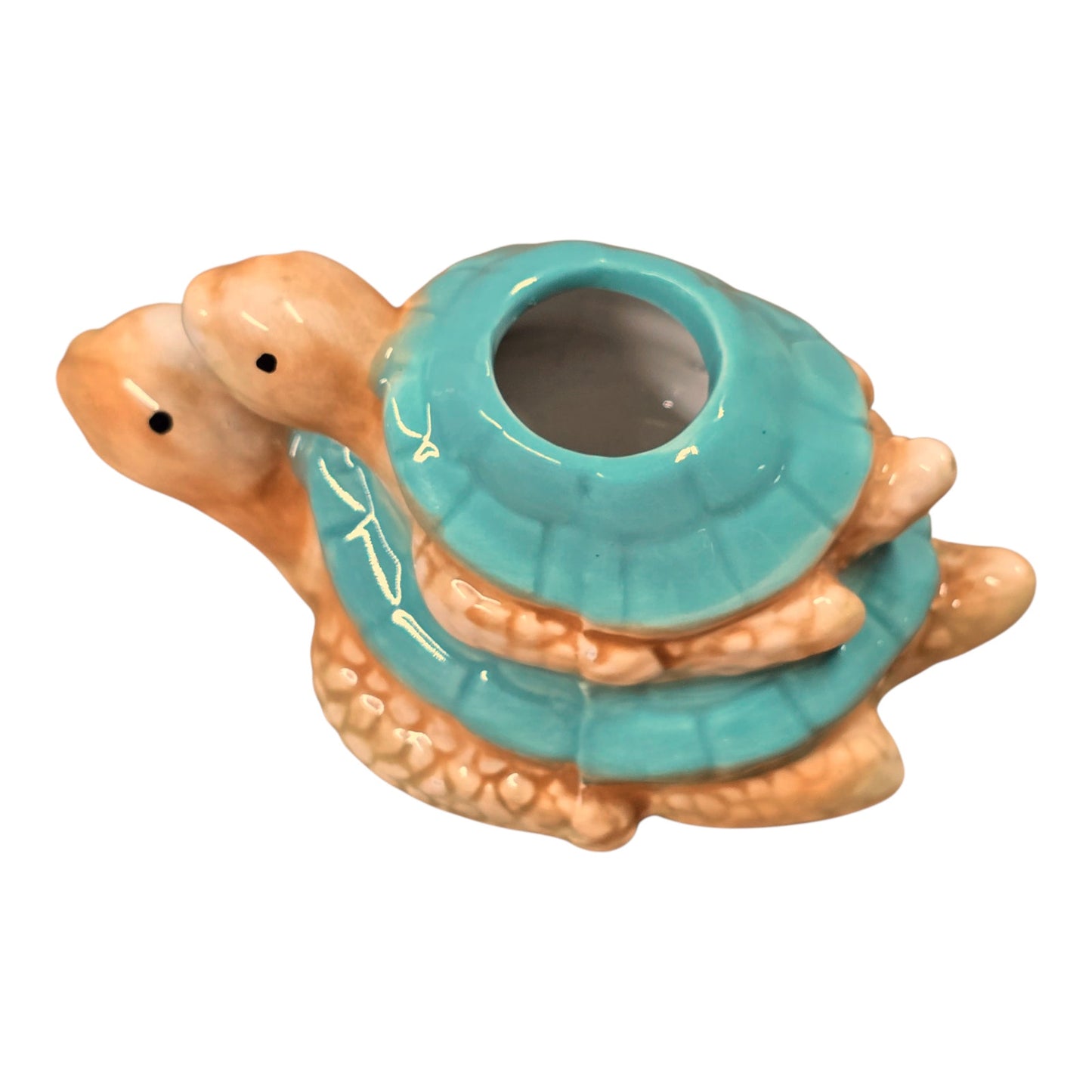 Stacked Ceramic Turtles Candle Holder Double Tortoise Shell Figurine Decor Blue