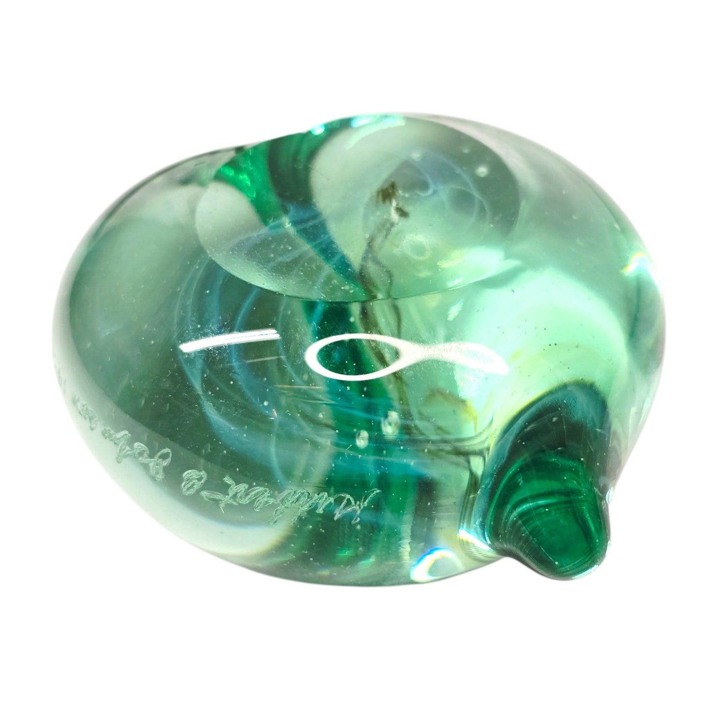 Signed Gilbert C. Johnson 1991 Art Glass Heart Paperweight Blue Green Vortex