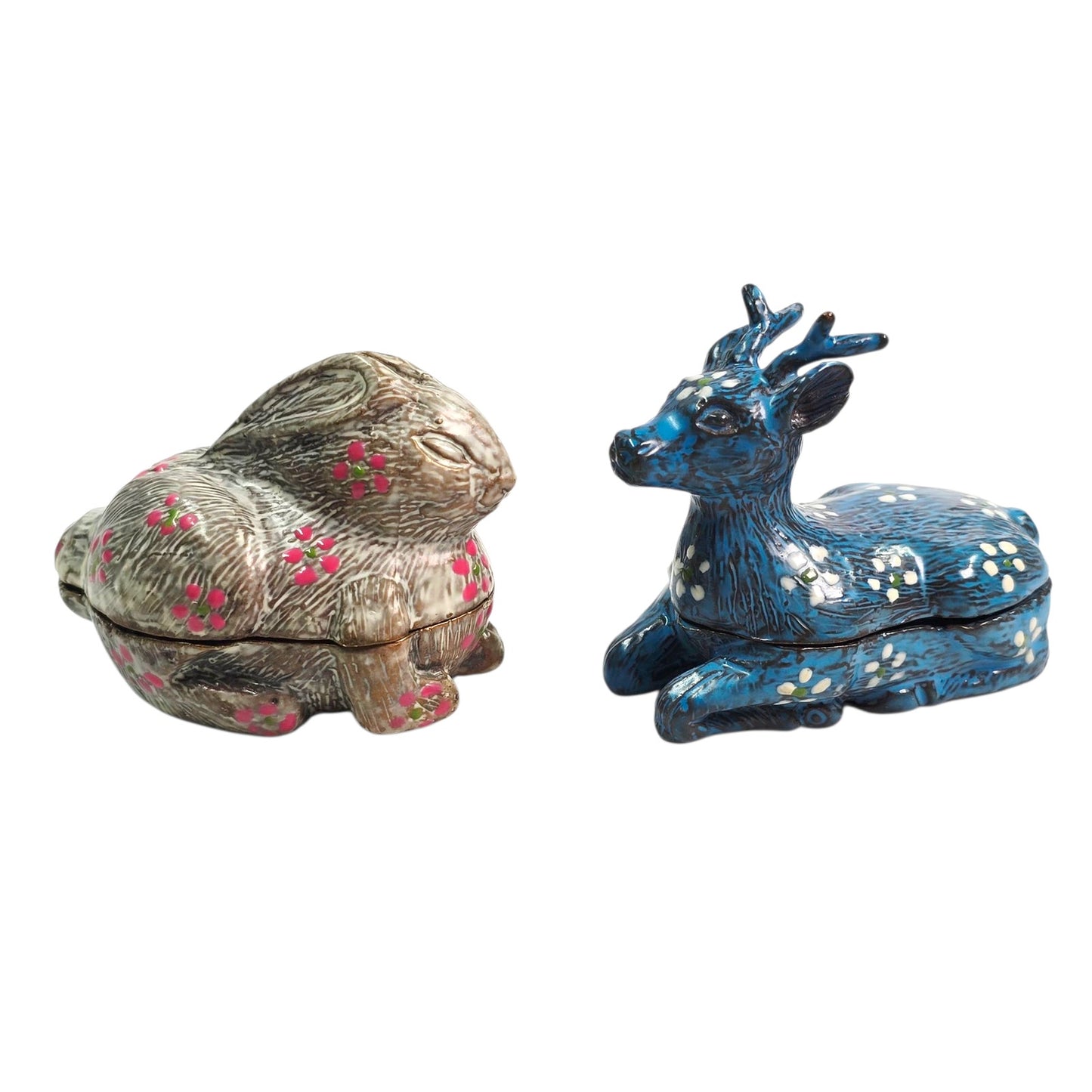 Set of 2 Cast Iron Trinket Boxes Handpainted Marked Thailand ILA Deer & Bunny🌸