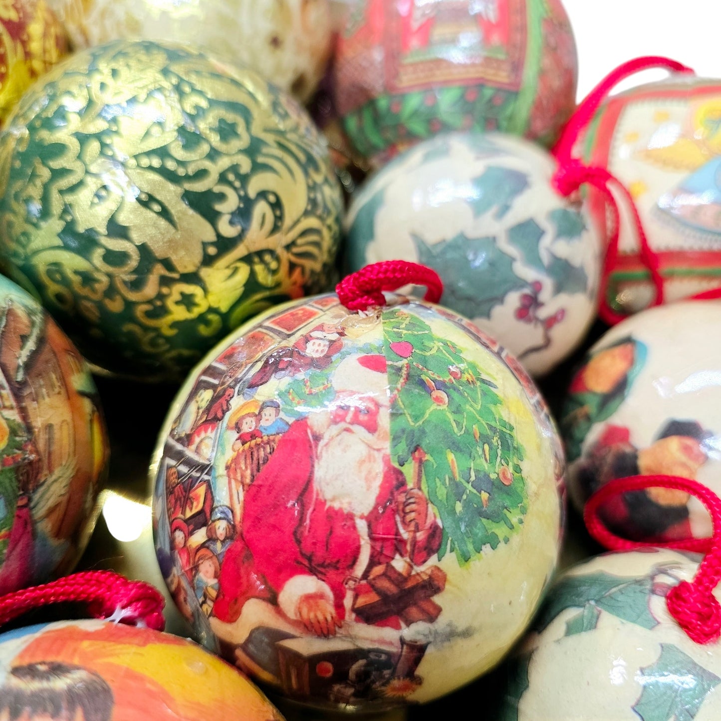 Lot of 16 Vintage Decoupage Paper Mache Christmas Ball Ornaments