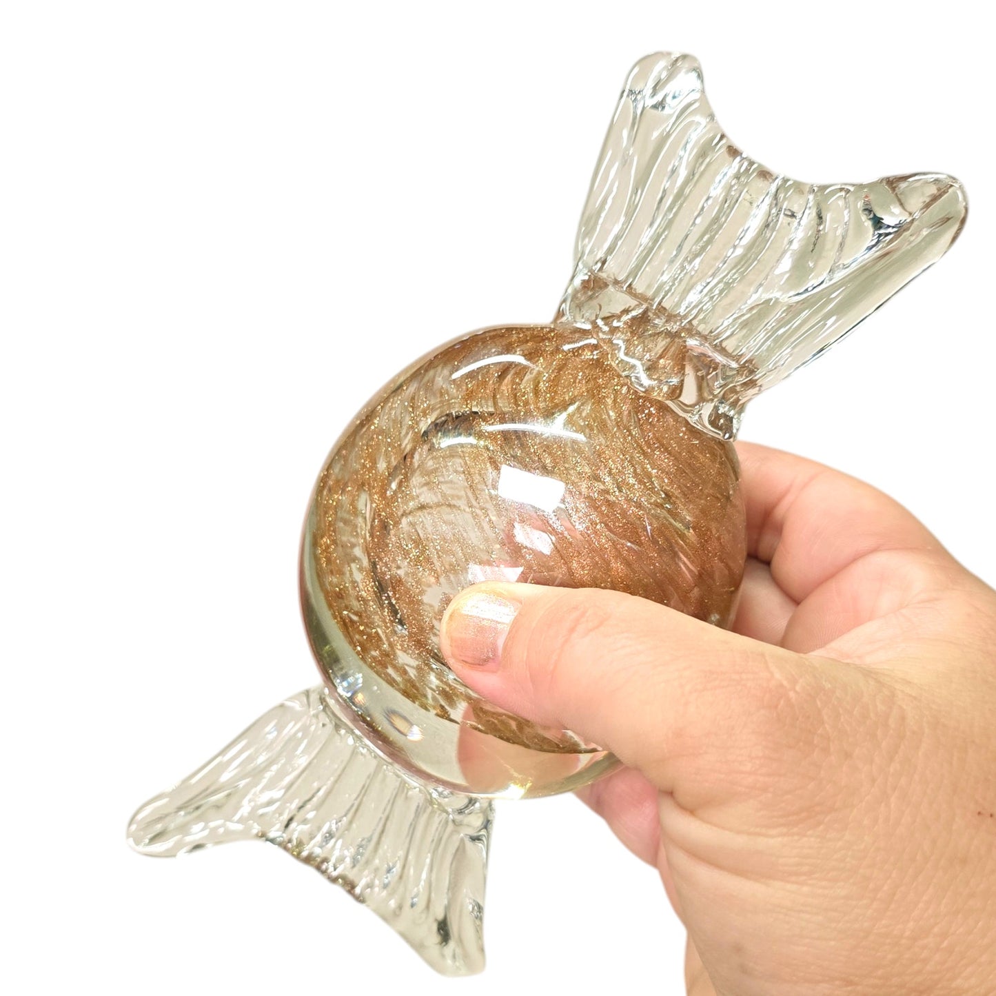 Large Handblown Art Glass Candy Gold Glitter Swirl, Glass Candy Decoration