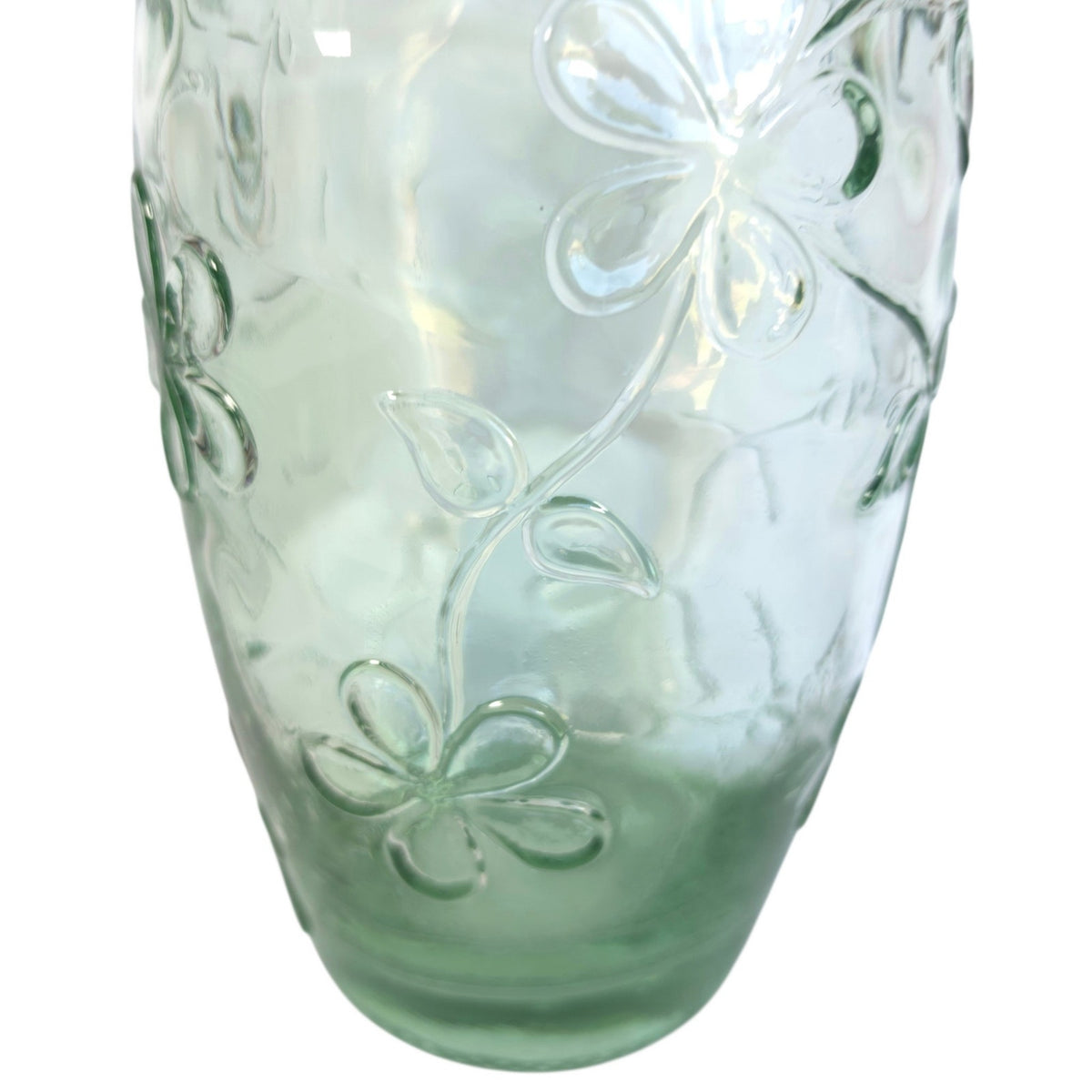 Vintage 1990s Green Recycled Glass Vase Embossed Floral Daisy 15.75" Tall