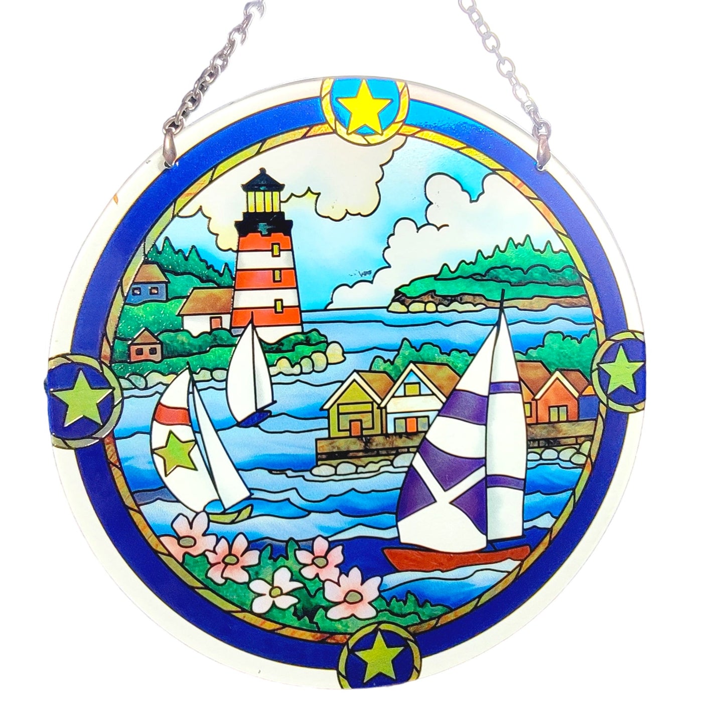 Stain Glass Sailboat Lighthouse Ocean Village Sun Catcher Window Hanging 6.5" D