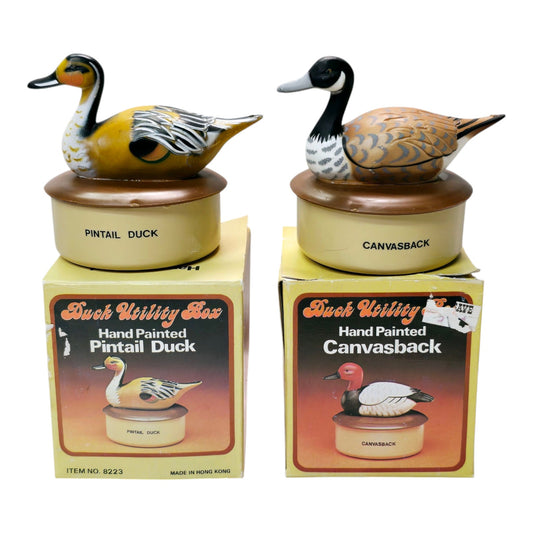 Set of 2 Vintage Duck Trinket Boxes, Hand Painted Duck Utility Box Hard Plastic NIB