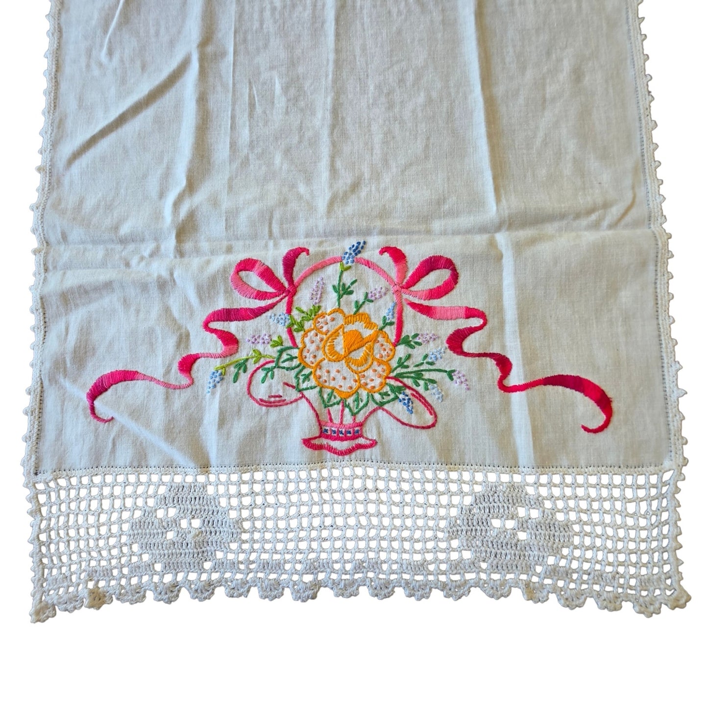 Vintage Floral Basket Embroidered Dresser Scarf Linen Runner Double Sided 32"