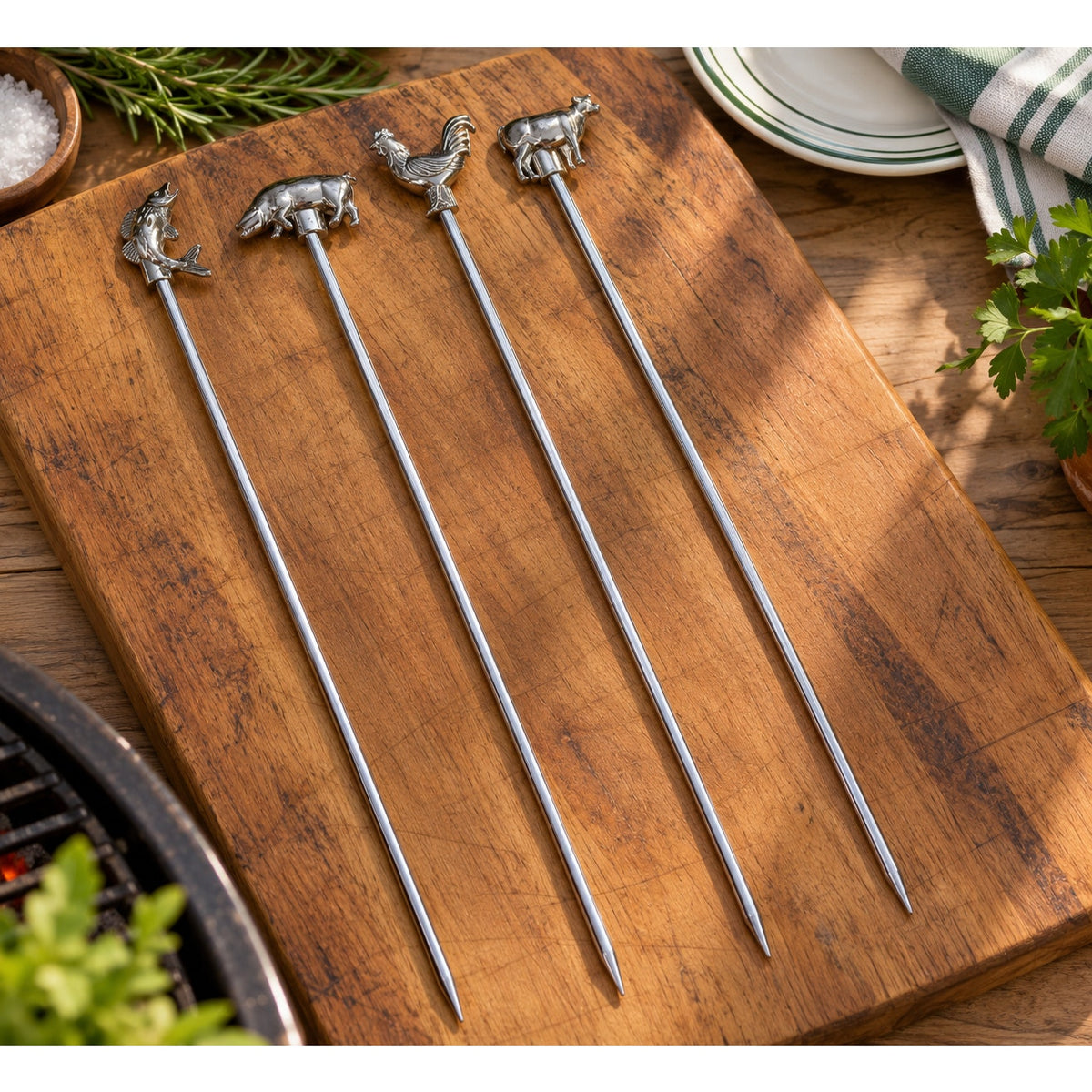 Williams-Sonoma Chrome Animal Skewers Set of 4 Cow Pig Rooster Fish NIB