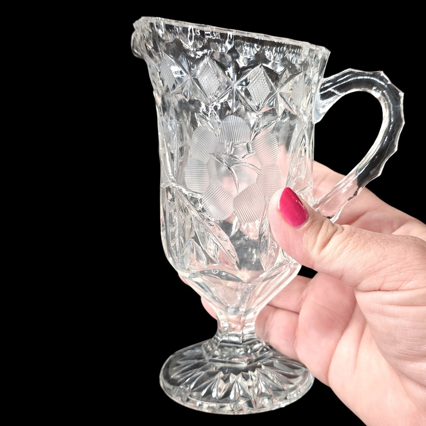 1930's Clear Selenium Glass Creamer & Sugar Set - Frosted Rose - 365nm Pink Glow