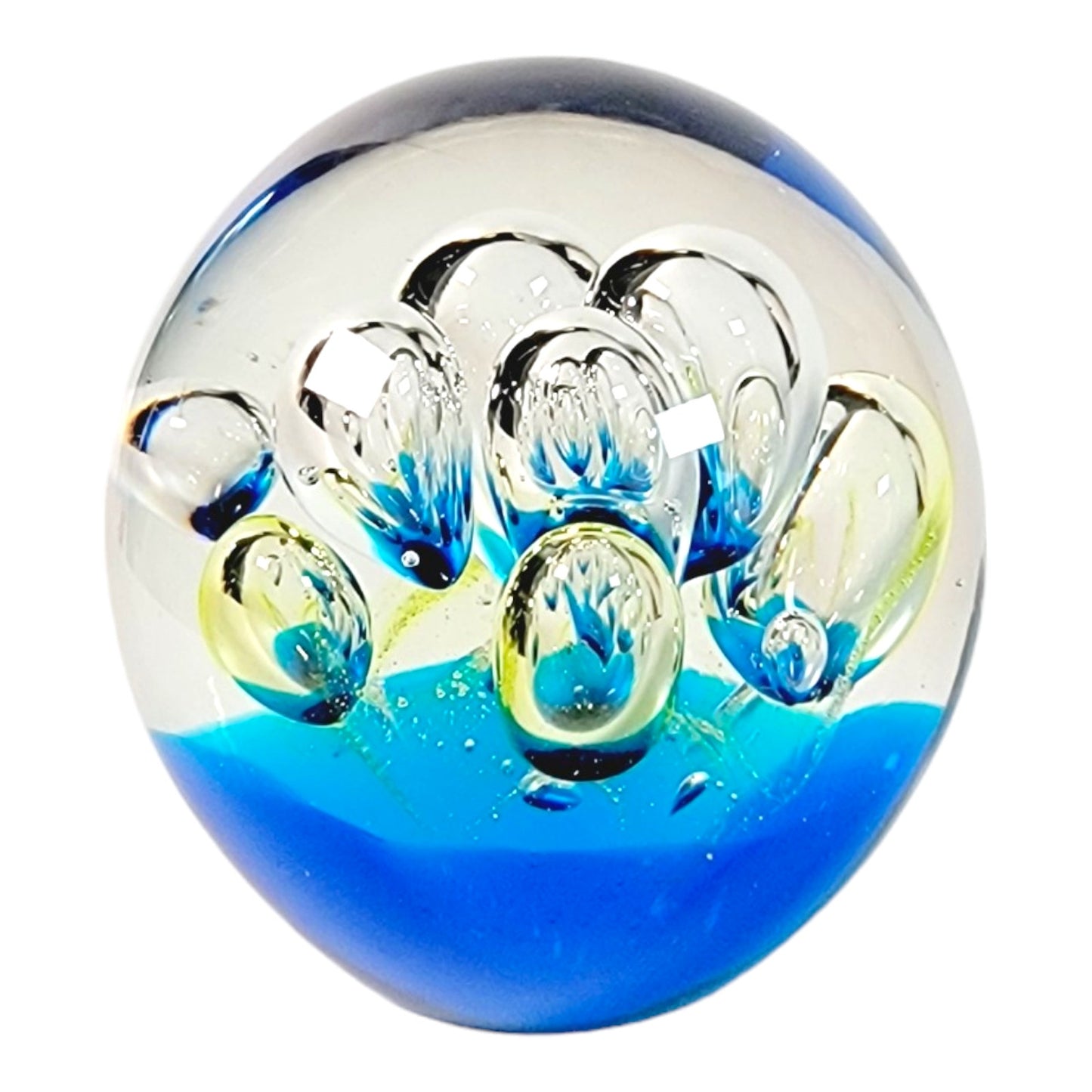 Dynasty Gallery Hand-Blown Art Glass Paperweight Blue Yellow Bubbles 3" Tall