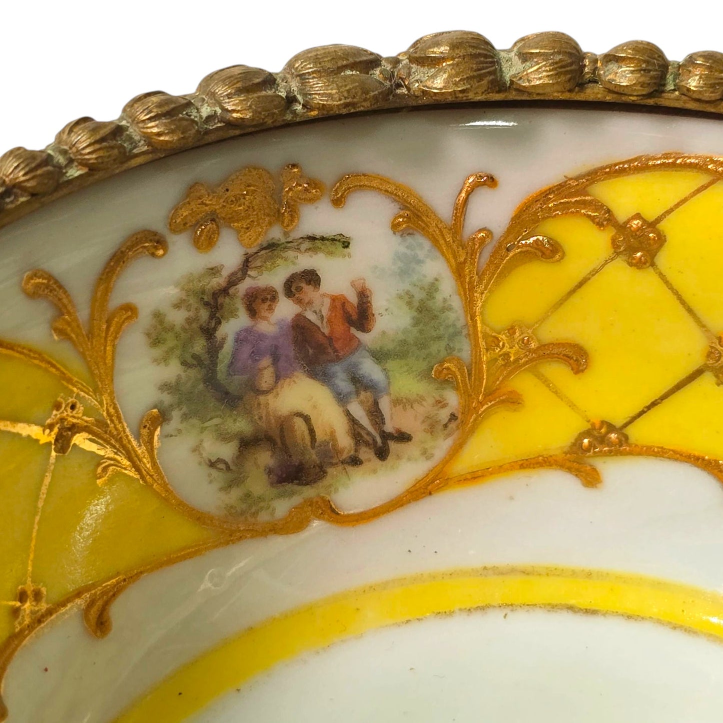 Antique Gebruder Heubach Germany Porcelain Basket with Courting Couples Flower Girl Basket