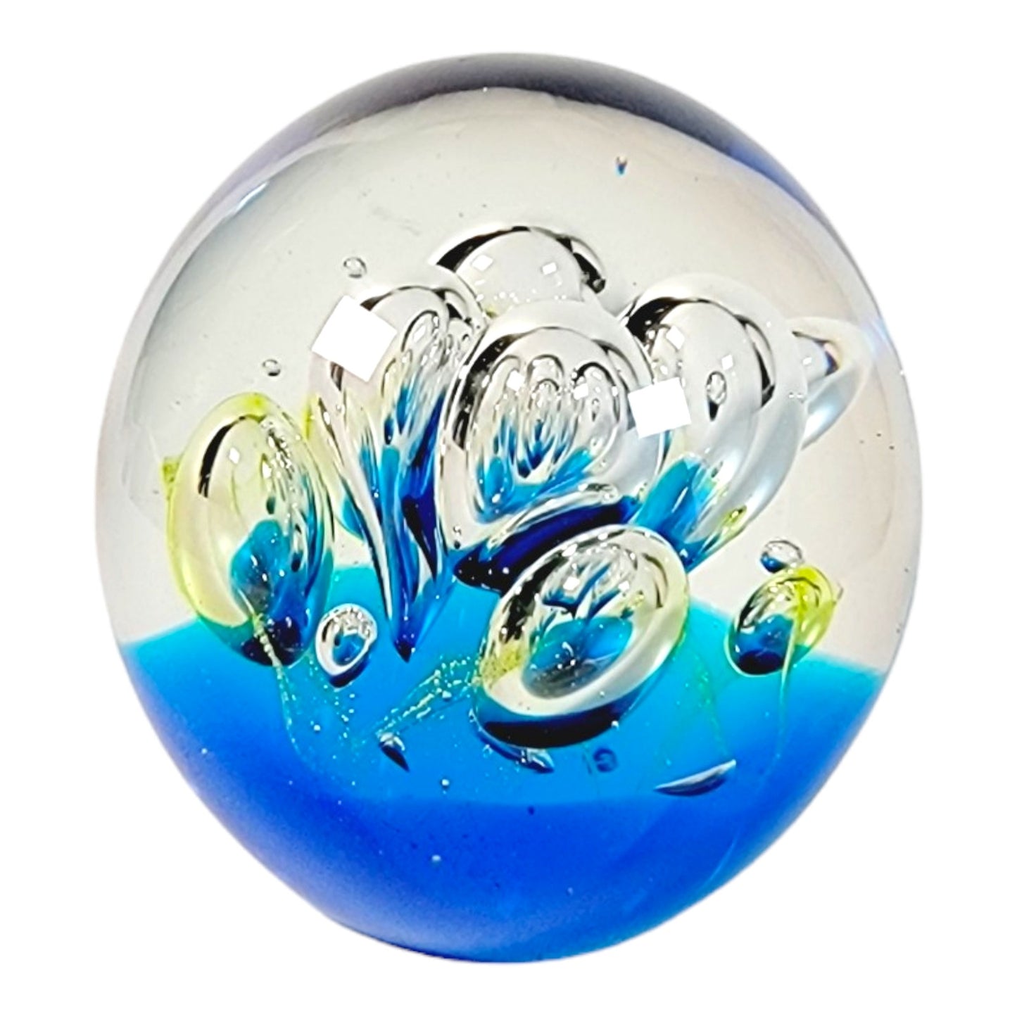 Dynasty Gallery Hand-Blown Art Glass Paperweight Blue Yellow Bubbles 3" Tall