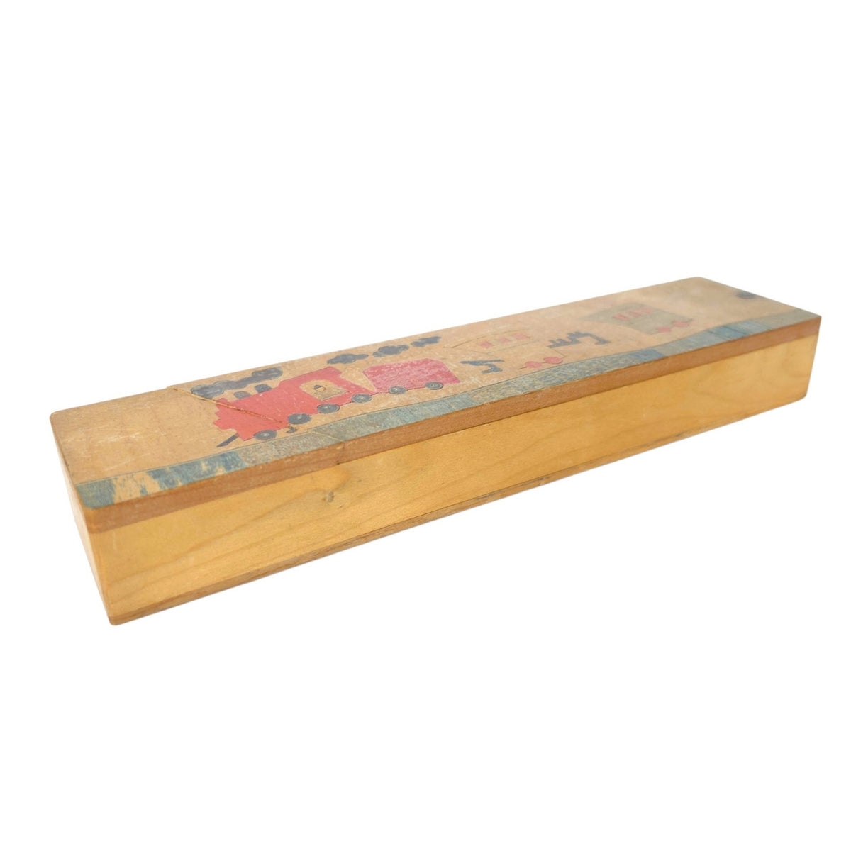 Vintage Wooden Sliding Lid Pencil Box - Hand-Painted Train Motif Mid Century 9"