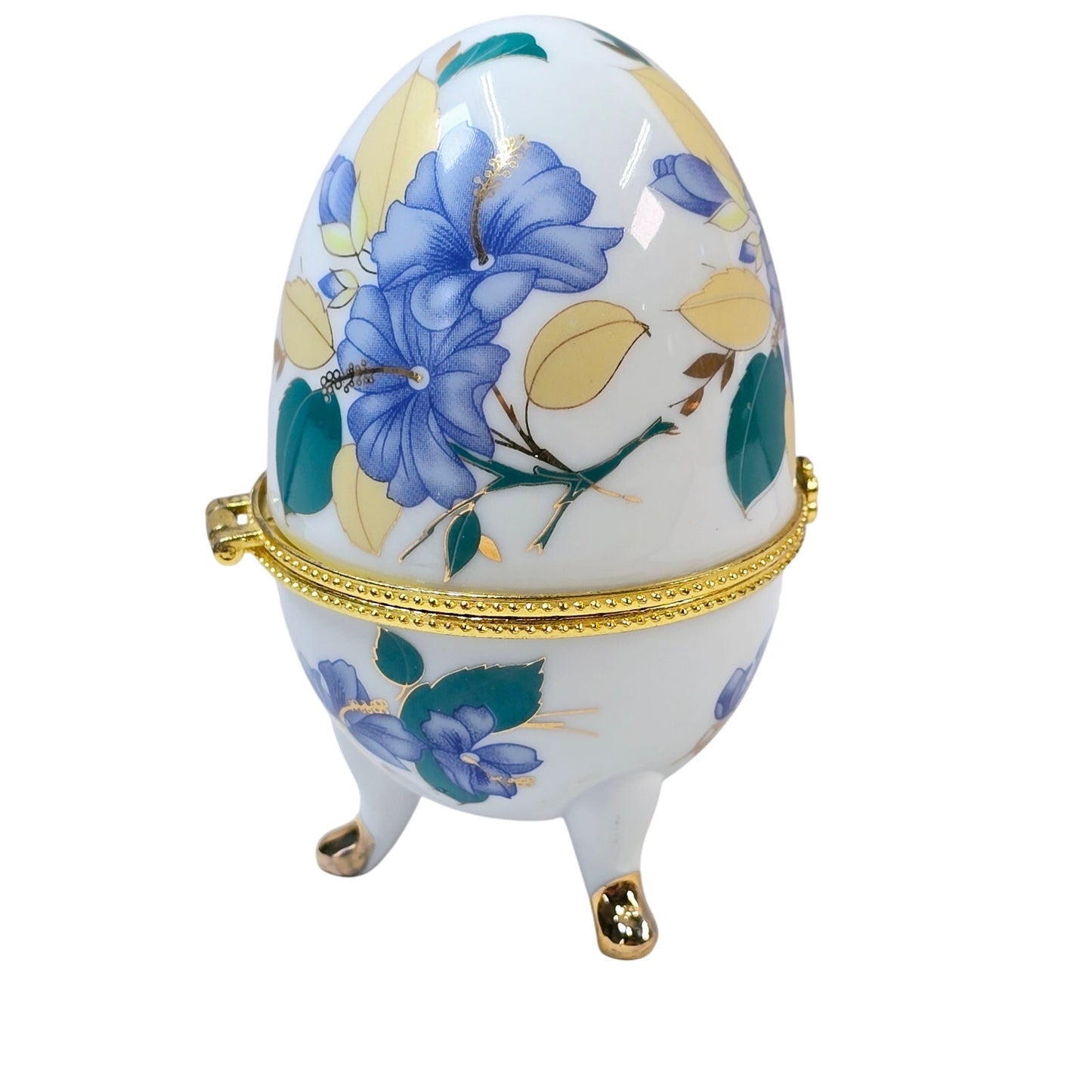 Vintage Porcelain Footed Hinged Egg Trinket Box, Purple and Yellow Floral