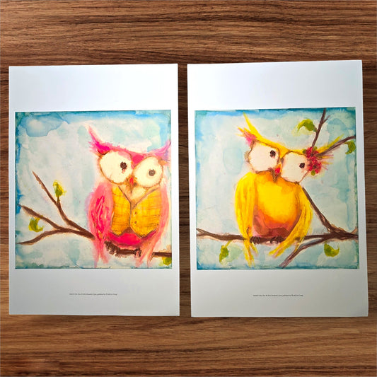 Two 16x12 Owl Bird Art Prints: Mr. Hoo & Miss Hoo, 2014 Marabeth Quin, World Art Group