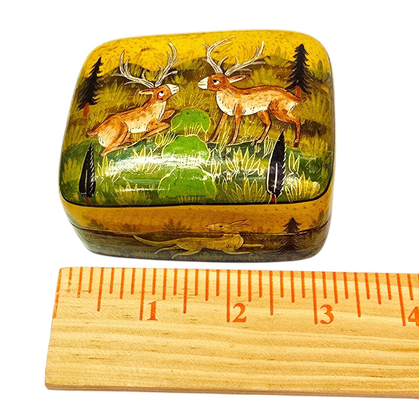Vintage Kashmiri Hand-Painted Lacquerware Box - Stag & Doe Made in Kashmir India
