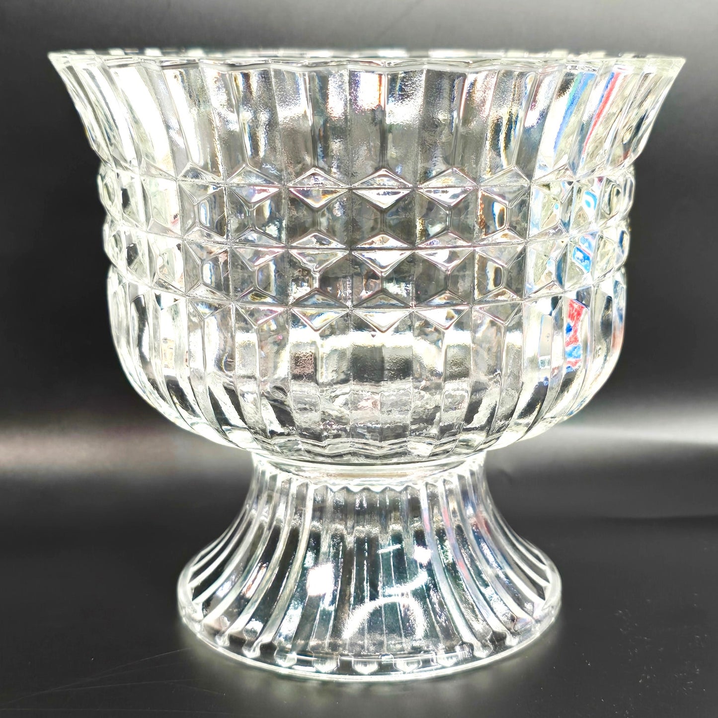 Vintage 1986 Pressed Glass Pedestal Bowl FTDA Diamond Cut & Ribbed Candy Dish