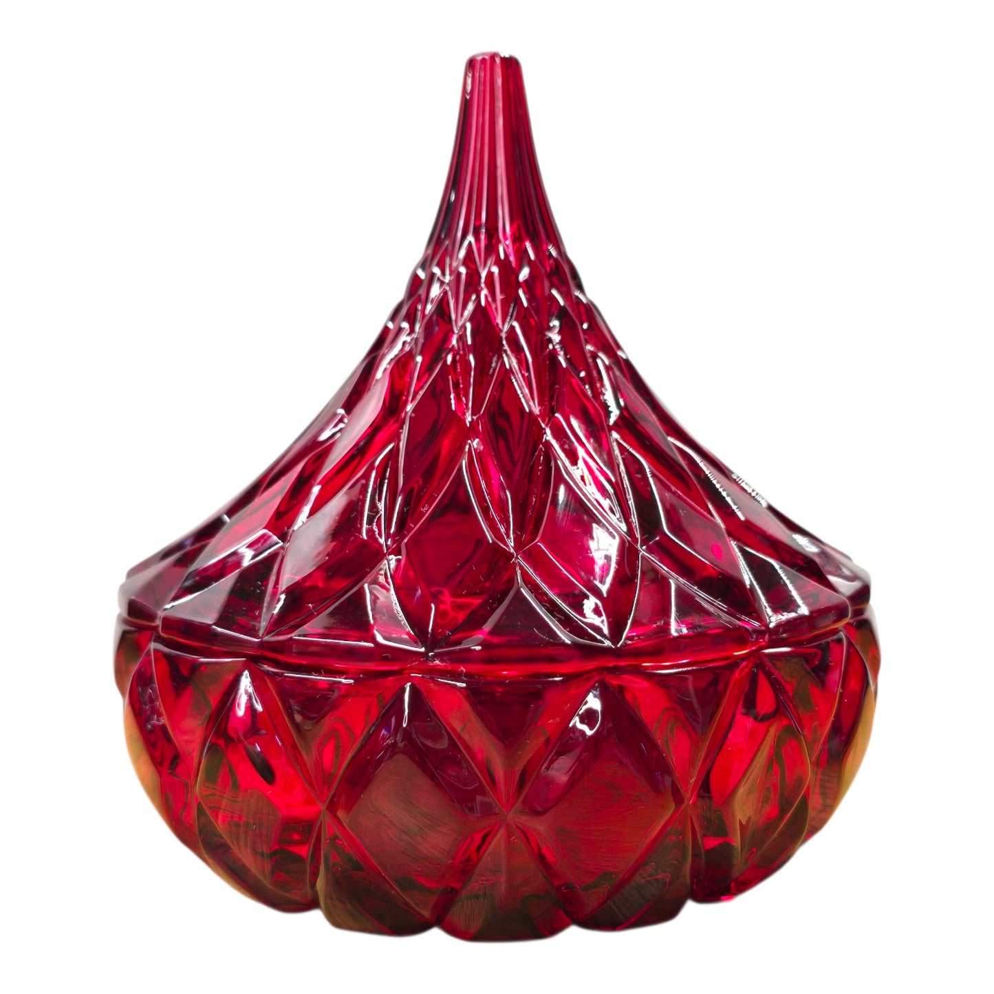 Hershey's Kisses Ruby Red Flash Pressed Glass Candy Dish w/ Lid Diamond Point