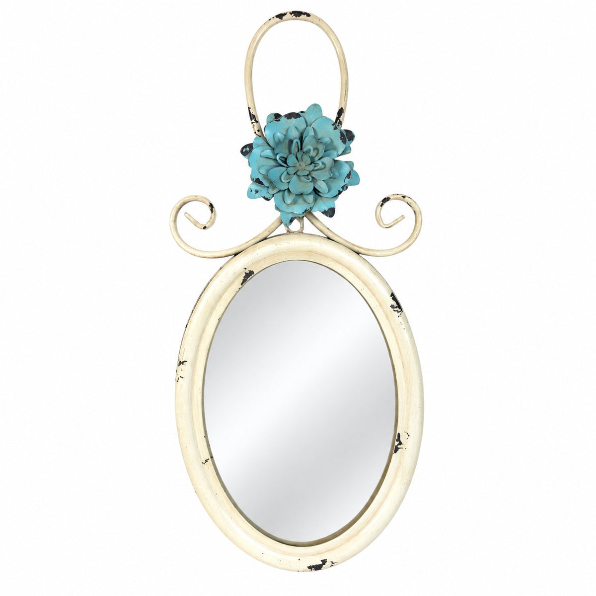 Hobby Lobby Shabby Chic Wall Mirror Distressed Ivory Teal Metal Flower Decor