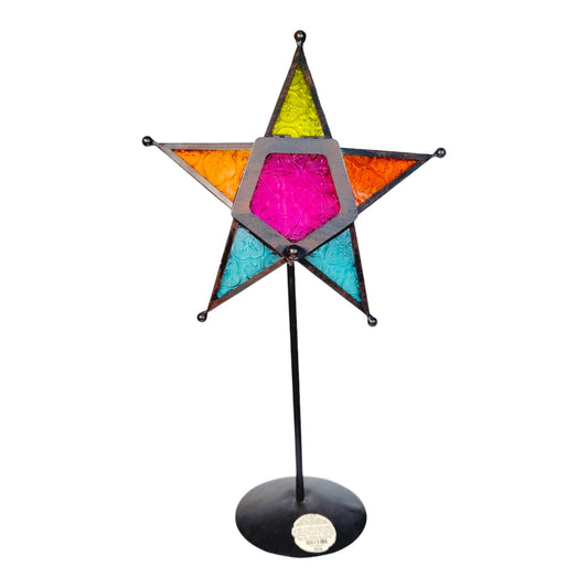 Vintage World Market Multicolor Stained Glass Star Shaped Tea Light Candle Holder 16.5"