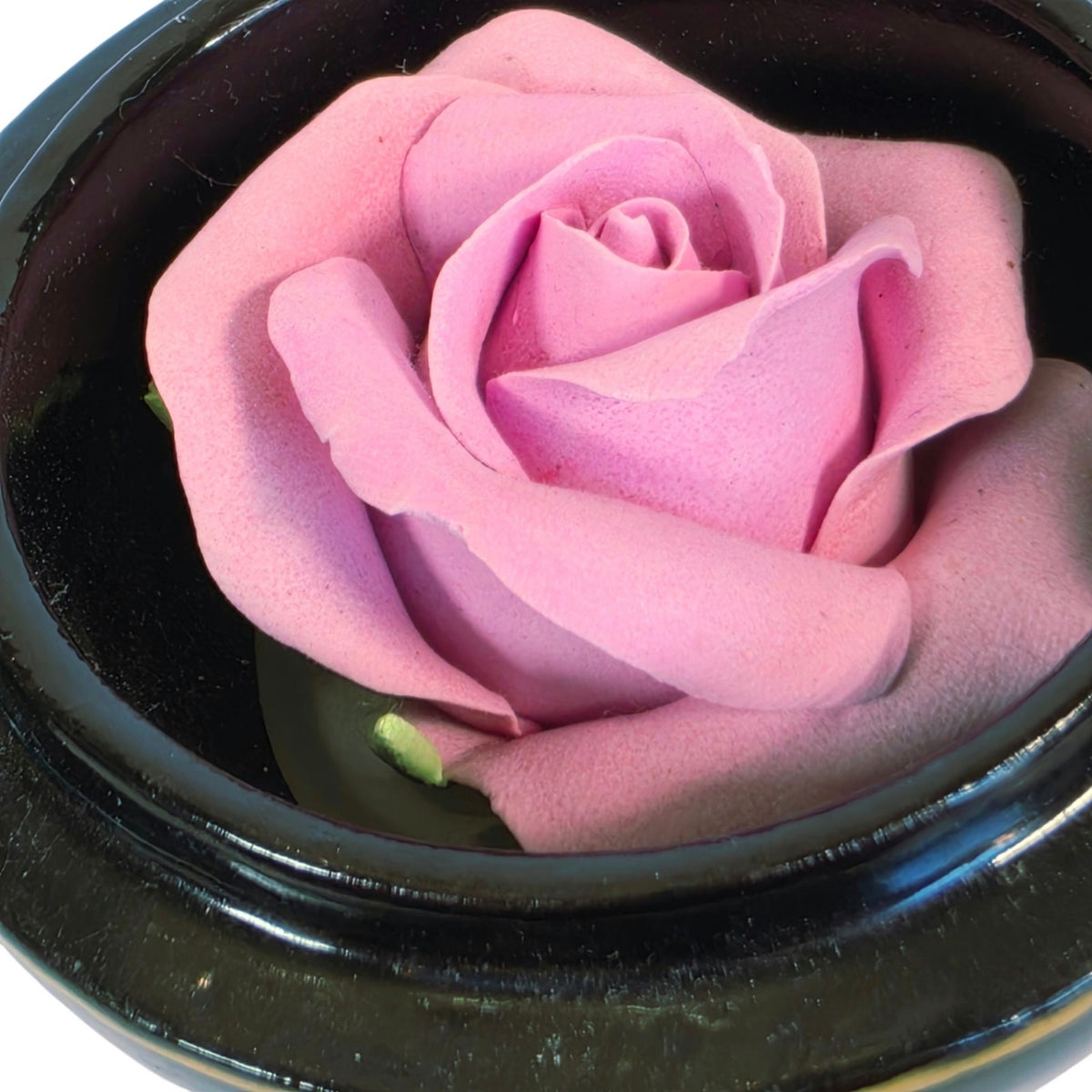 Vintage Japanese Lacquerware Round Trinket Box with Porcelain Rose