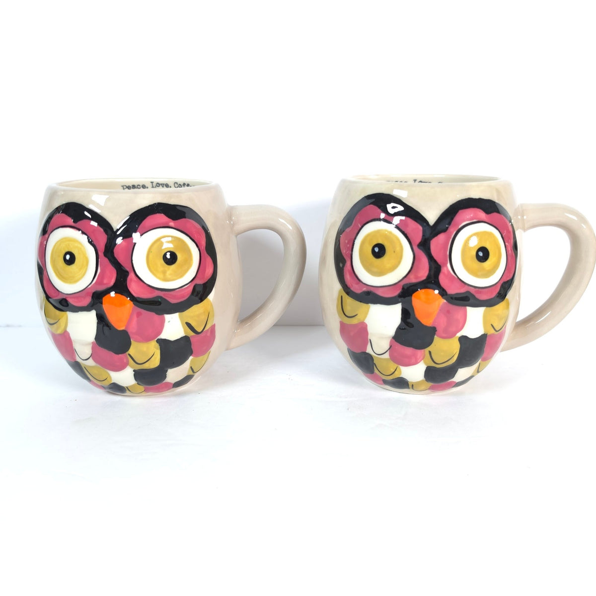 Natural Life Owl Coffee Mugs Set of 2 Peace Love Coffee Cream Colorful