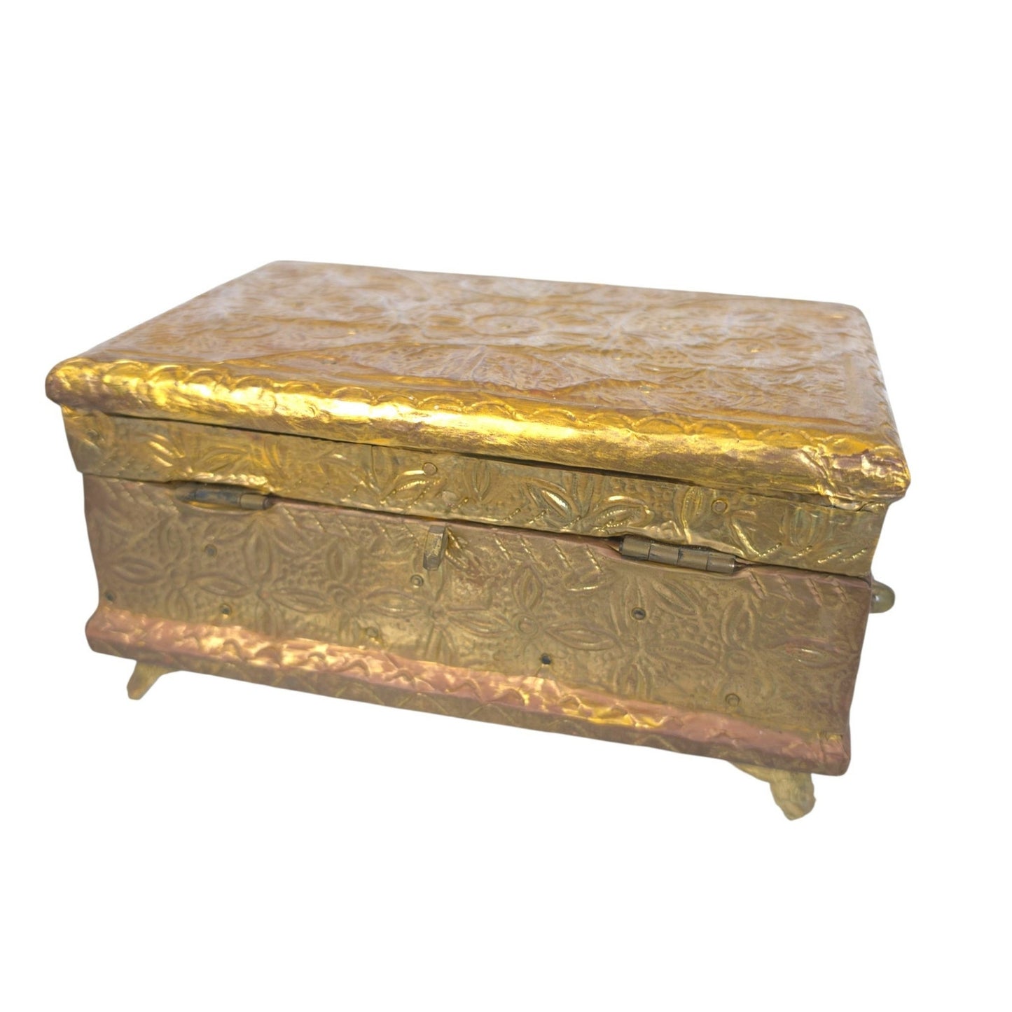 (Reserved for Customer) Vintage Embossed Repousse Brass Jewelry Box Red Velvet Lined Ornate Features