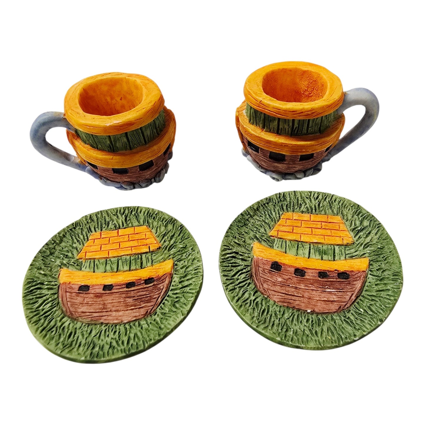 Miniature Ceramic Noah's Ark Tea Set 6pc Hand-painted Animals 2 Teapots Figurine