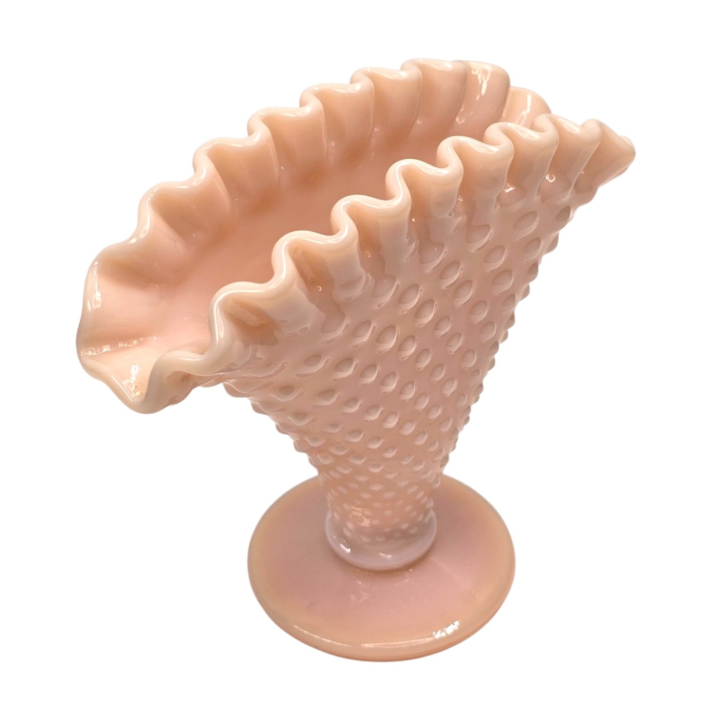 Vtg Fenton Pastel Pink Milk Glass Hobnail Fan Vase 4" Trumpet Uranium Reactived