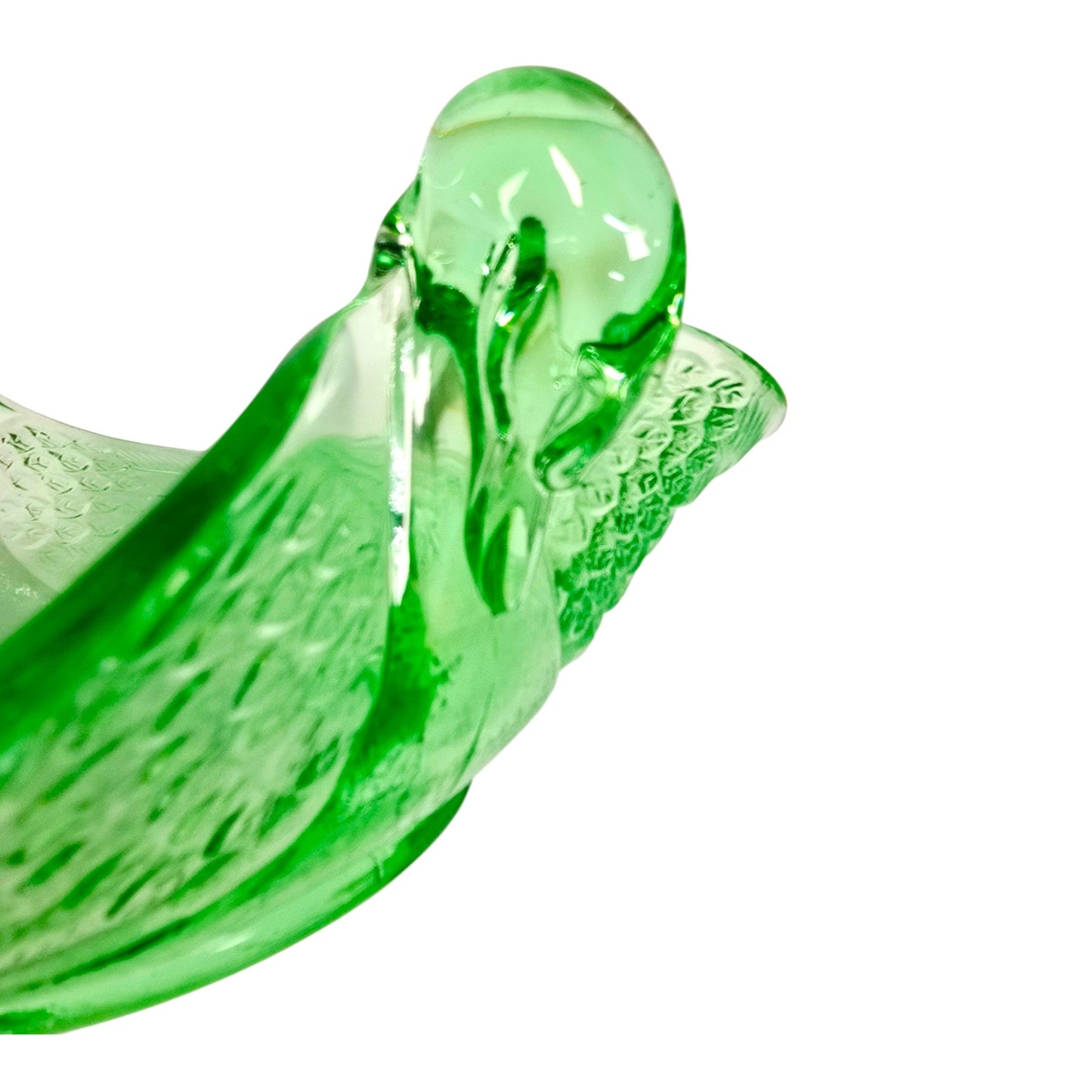 Fenton Dugan Uranium Glass Seagull Dish Swan Double Handle Green Glow Vintage