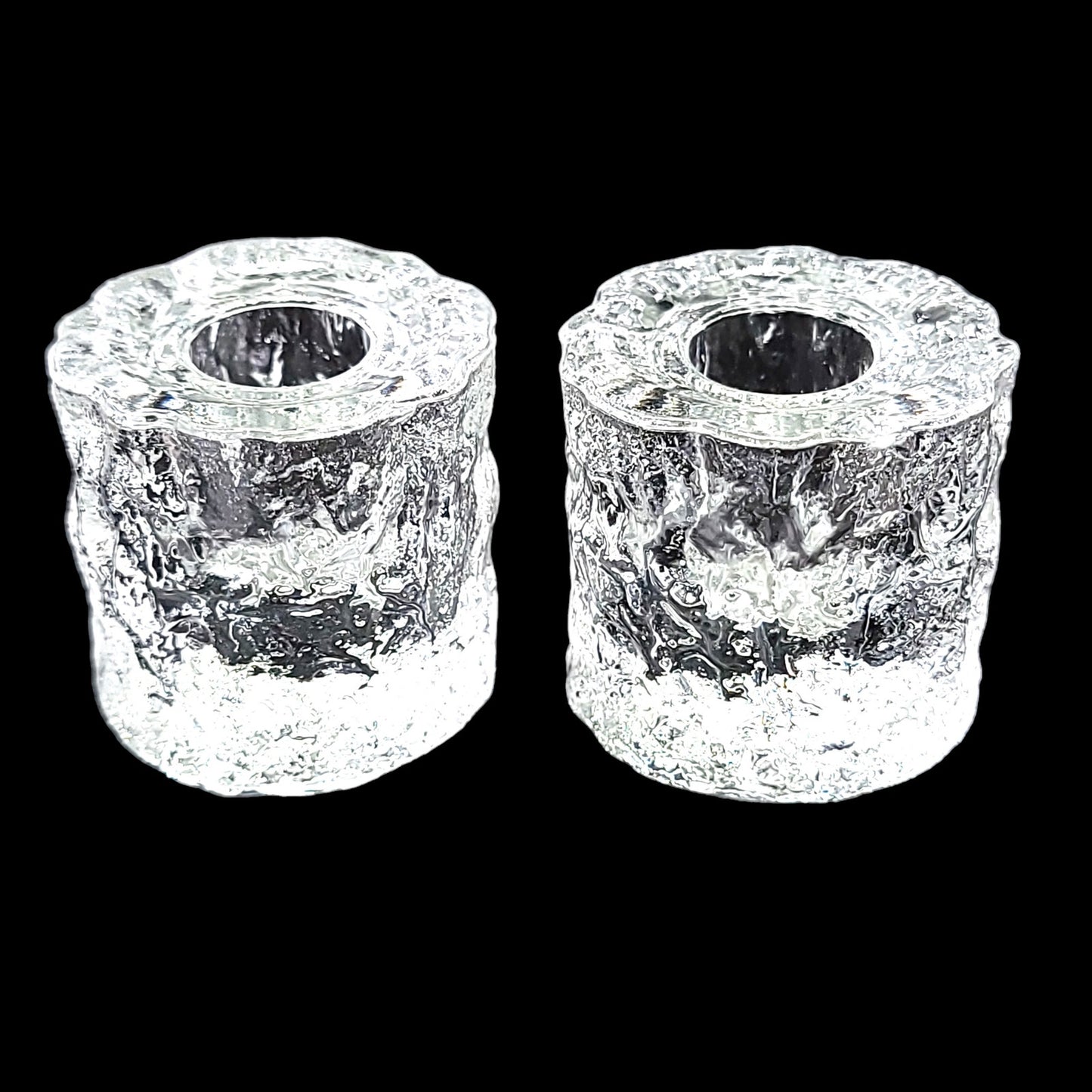 Textured Ice Glass Candle Holders, Ice Block Round Candlesticks, Set of Two 2" Japan