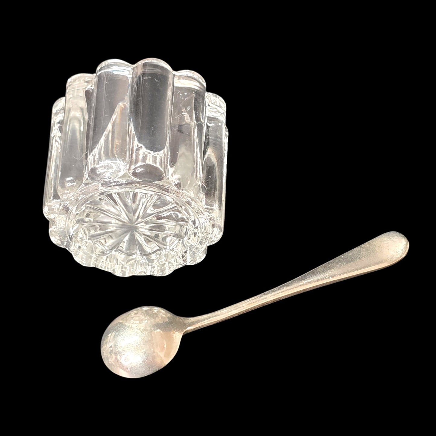 Vintage Heisey Crystolite Mustart Pot Glass Open Salt Sugar Ornate Floral Spoon