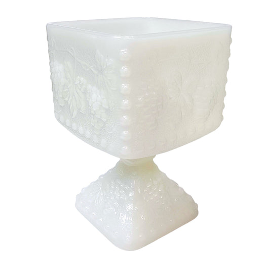 Vtg Anchor Hocking Milk Glass Pedestal Compote Grape Harvest Footed Candy Dish