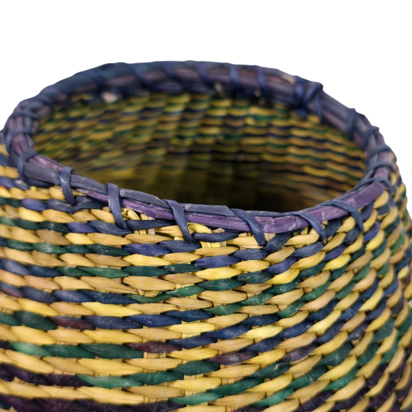Vintage Woven Seagrass Basket Coiled Boho Yellow Purple Blue Tapered Vase Planter