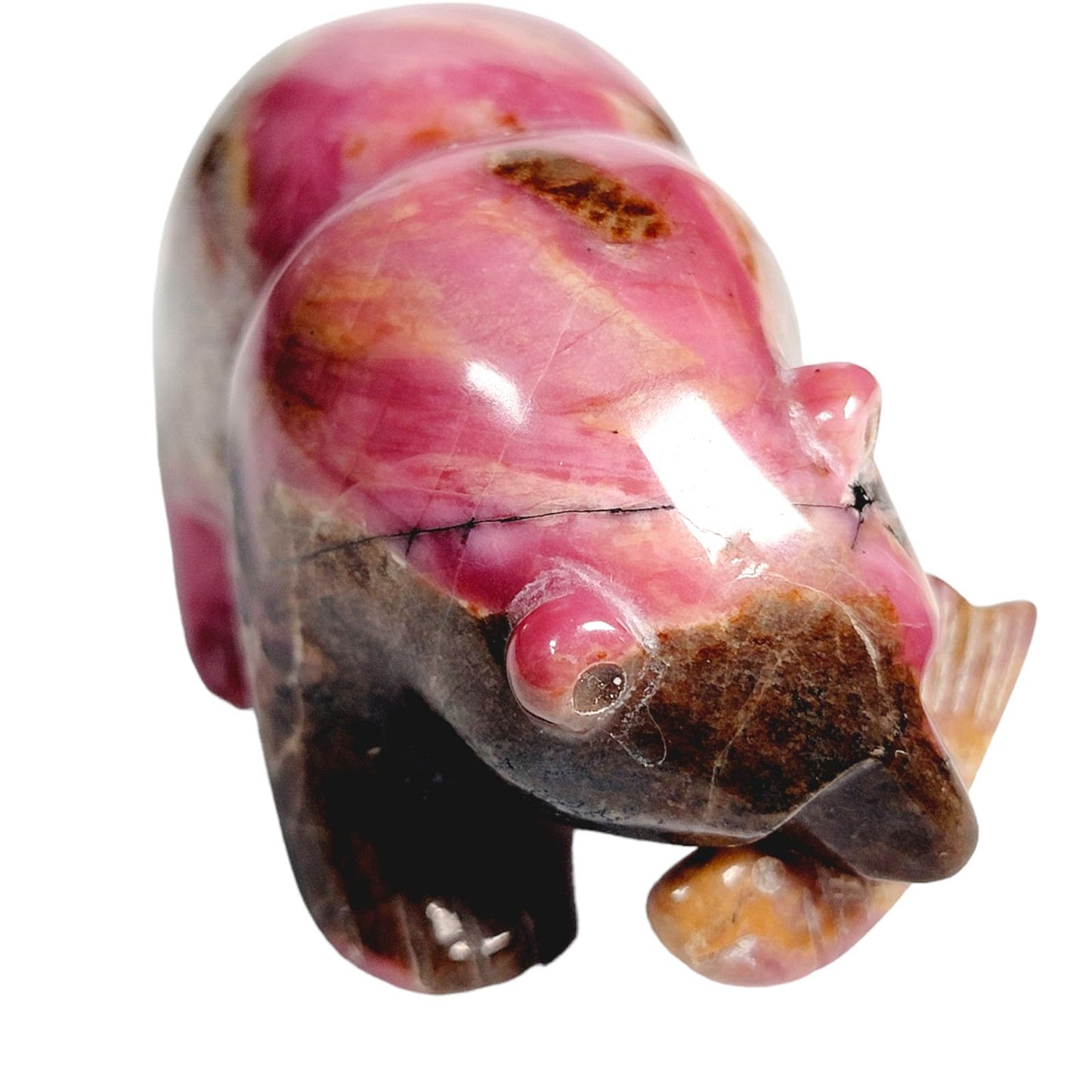 Hand Carved Stone Rhodonite Bear with Fish