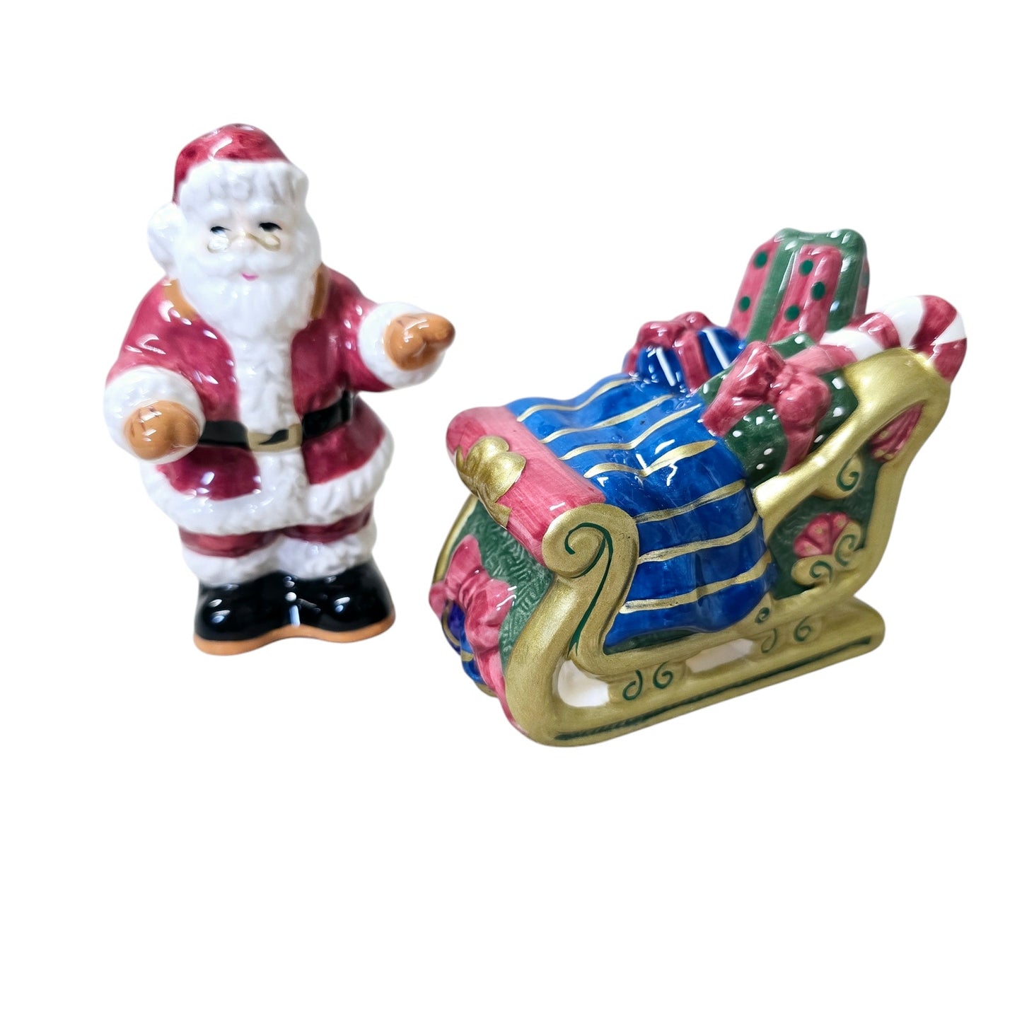 Vtg Home for the Holidays Santa Sleigh Salt & Pepper, Handpainted Ceramic with Box