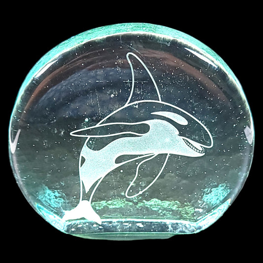 Etched Glass Orca Whale / Killer What Paperweight Figurine, Recycled Glass Whale