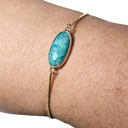 Faceted Amazonite Gold Tone Adjustable Bracelet