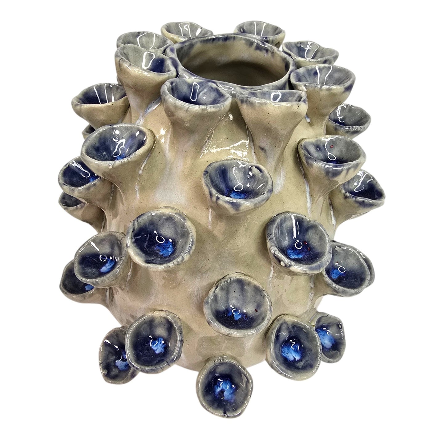 Vintage Art Pottery Barnacle Urchin Vase Thailand Blue Glaze Textured Figural 6"