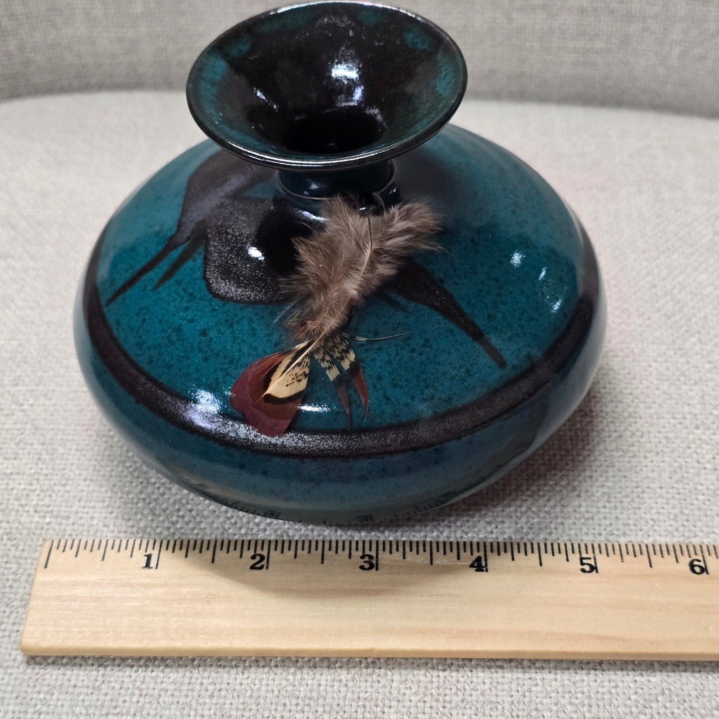 Art Pottery Signed RB Roger Butler, Feather, River Pottery, Blue Ceramic
