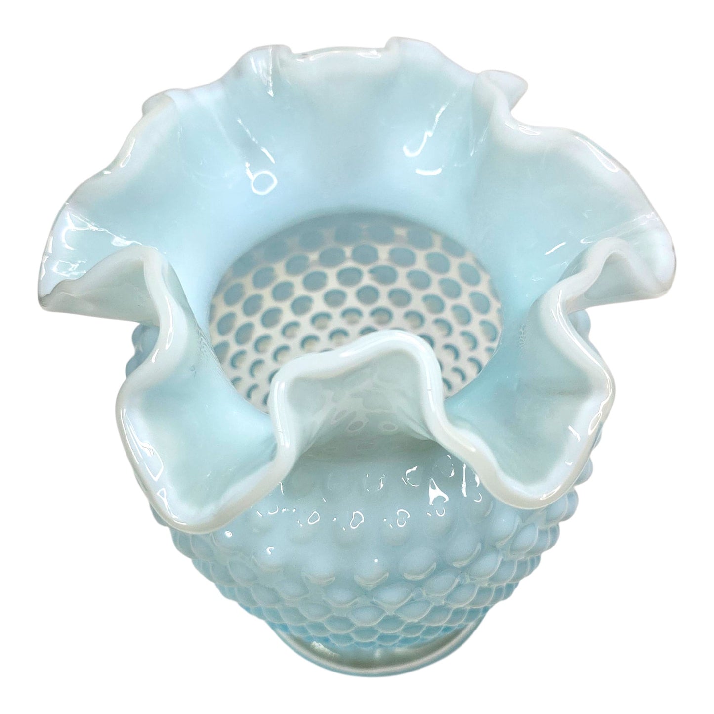 Fenton Aqua Blue Opalescent Hobnail Vase Uranium Reactive Ruffled Top Art Glass