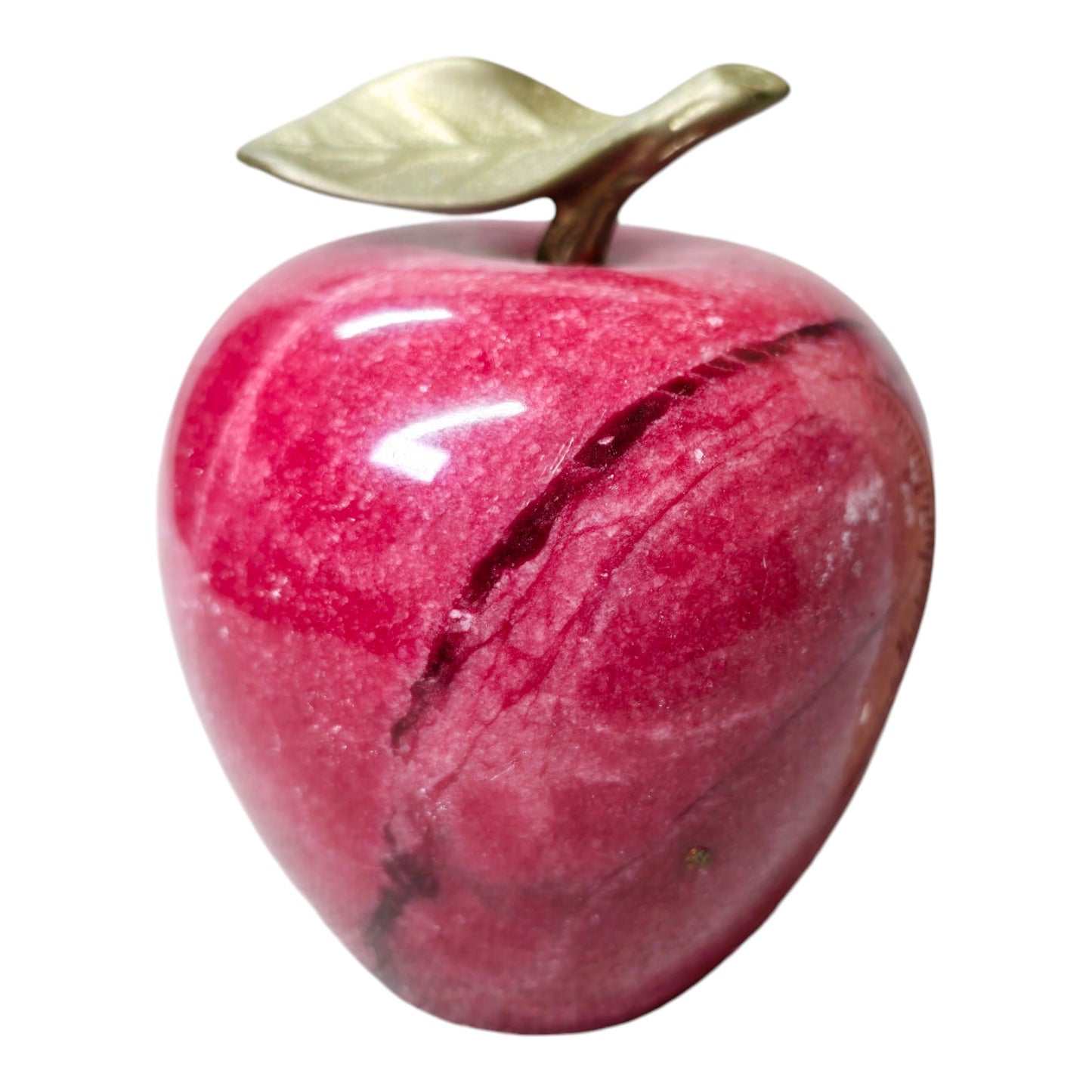 Red Marble Apple Paperweight with Brass Leaf Stem, Teacher Gift